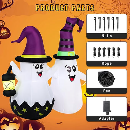 Halloween Inflatables Outdoor Decorations, Blow Ups 2-Pack Cute Ghosts with Build-in LED Lights, Funny Yard Garden Decoration for Halloween Party Indoor Outdoor