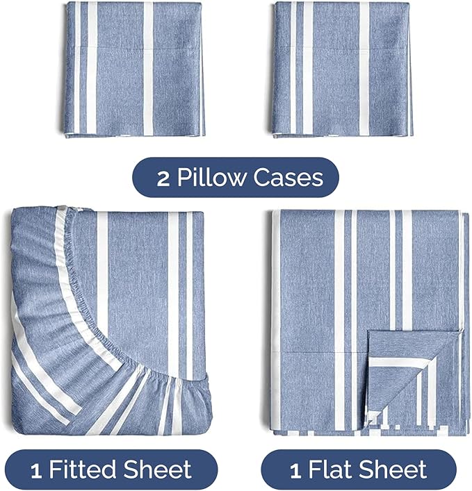 CGK Linens Twin XL 4 Piece Sheet Set - Cooling Sheets for Hot Sleepers - Hotel Luxury Bedding Set w/ 8-16 Inch Deep Pockets - 1 Flat & 1 Fitted & 2 Pillowcases - Soft & Wrinkle Free - Blue Stripes 3