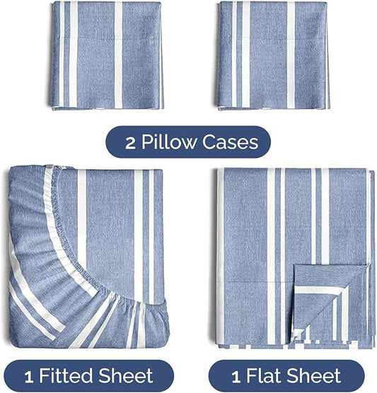CGK Linens Twin XL 4 Piece Sheet Set - Cooling Sheets for Hot Sleepers - Hotel Luxury Bedding Set w/ 8-16 Inch Deep Pockets - 1 Flat & 1 Fitted & 2 Pillowcases - Soft & Wrinkle Free - Blue Stripes 3