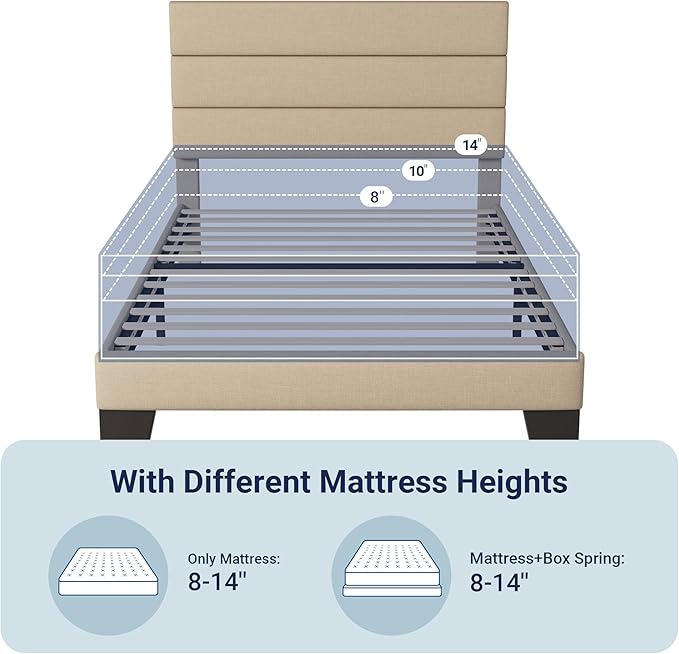 Allewie Twin Size Platform Bed Frame with Fabric Upholstered Headboard and Wooden Slats Support, Fully Upholstered Mattress Foundation/No Box Spring Needed/Easy Assembly,Beige