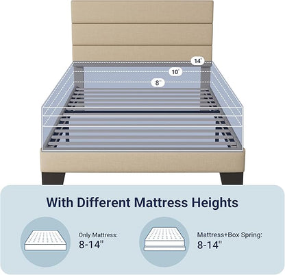 Allewie Twin Size Platform Bed Frame with Fabric Upholstered Headboard and Wooden Slats Support, Fully Upholstered Mattress Foundation/No Box Spring Needed/Easy Assembly,Beige