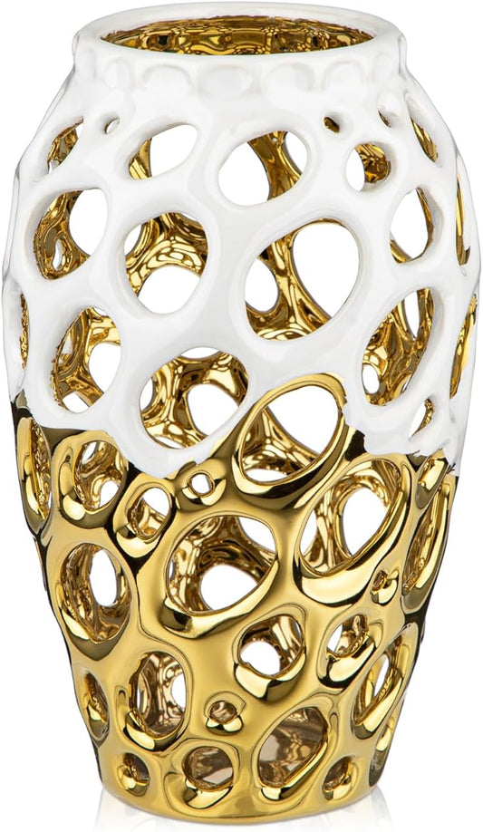 White and Gold Vases for Centerpieces, Openwork Ceramic Flower Vase 8.7" Hollowed Decorative Pampas Grass Vase Gold Table Decor for Home Living Room Dinner Room Bedroom Office Wedding