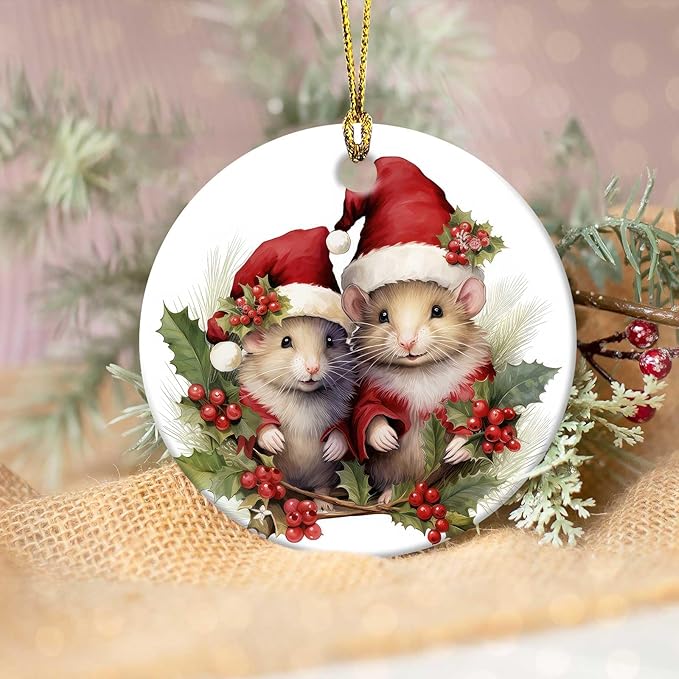 Cute Mouse Ornament Round Ceramic Ornament Xmas Keepsake for Christmas Tree Winter Holiday Xmas Gift for Women Men Xmas Hanging Ornament 3"