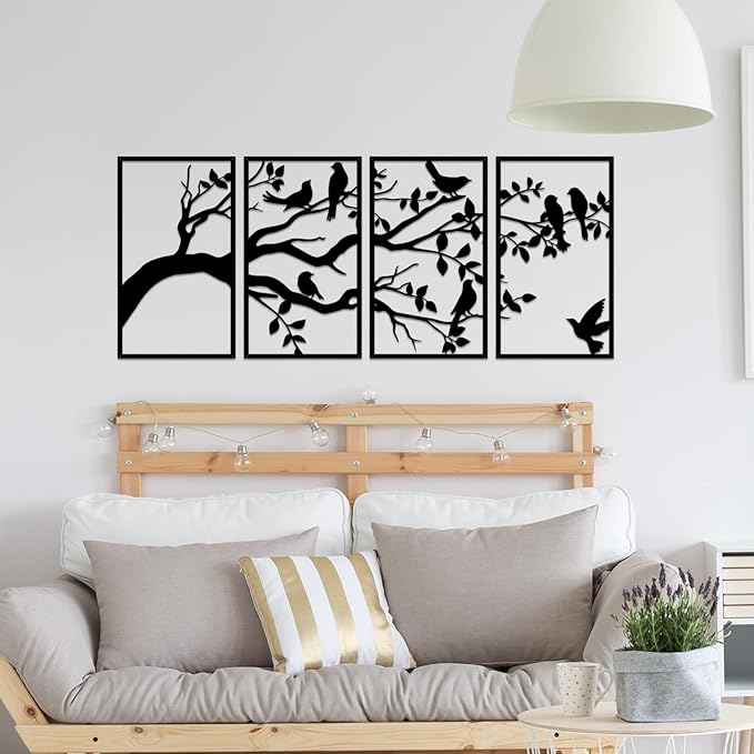 ruelen Wall Decor 4 Pieces Metal Birds and Branch Wall Art, Tree of Life Metal Wall Art, Black Leaves with Birds Silhouette Hanging Wall Sculpture for Indoor Home Bedroom Living Room Office Outdoor
