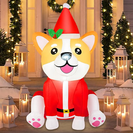B&D 4FT Christmas Inflatables Dog Outdoor Decorations, Christmas Blow Up Corgi Dog with Built-in LED Lights Inflatable Xmas Decorations for Gifts Party Indoor Outdoor Yard Lawn Garden Decor