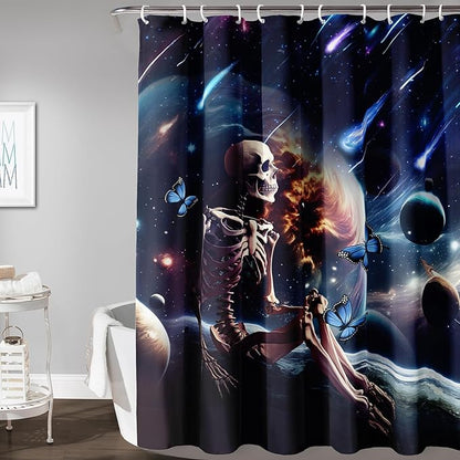 AILONEN Skull Shower Curtain for Kids,Solar System Skeleton Bath Curtain for Bathroom Decor,Galaxy Skull Polyester Waterproof with 12 Plastic Hooks for Boys Girls 36" W*72" H