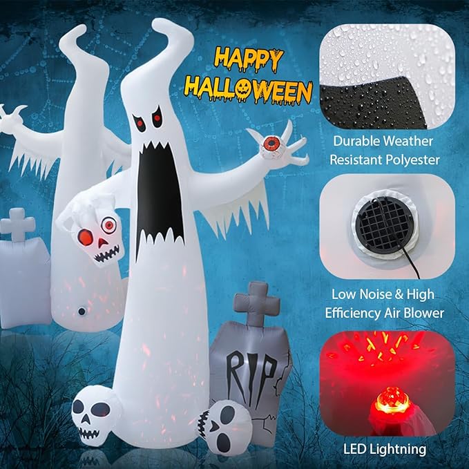 12 FT Halloween Inflatables Outdoor Halloween Blow Up Yard Decorations Horror White Ghost with 3 Skull Heads Bleeding Eyeball Tombstone Halloween Decorations Clearance for Party Yard Garden