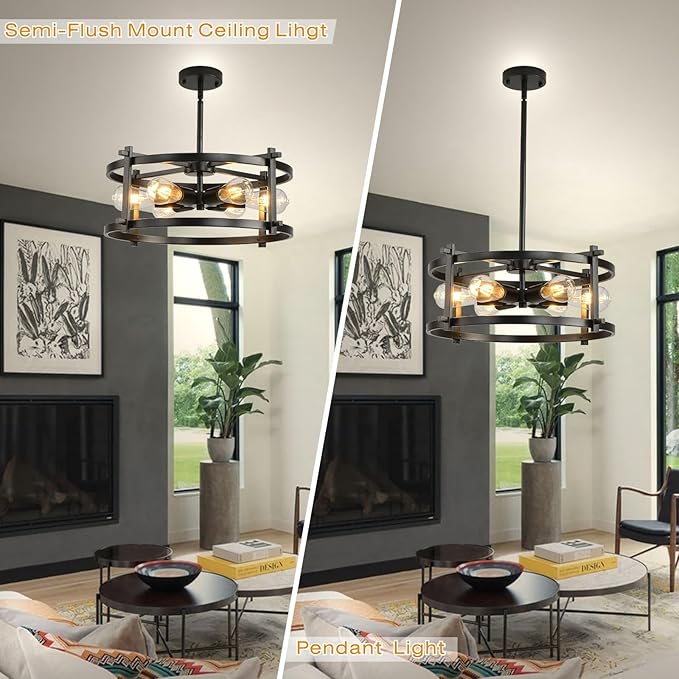 Industrial Semi Flush Mount Ceiling Light,17.72"D x 11.41"H,Black Fixture Ceiling Mount with Modern Style,6-Light Rustic Metal Ceiling Light Fixture for Kitchen,Dining Room, Hallway, Entryway