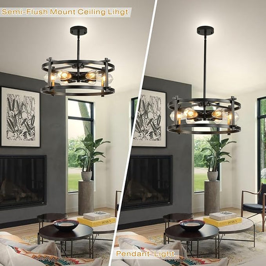 Industrial Semi Flush Mount Ceiling Light,17.72"D x 11.41"H,Black Fixture Ceiling Mount with Modern Style,6-Light Rustic Metal Ceiling Light Fixture for Kitchen,Dining Room, Hallway, Entryway