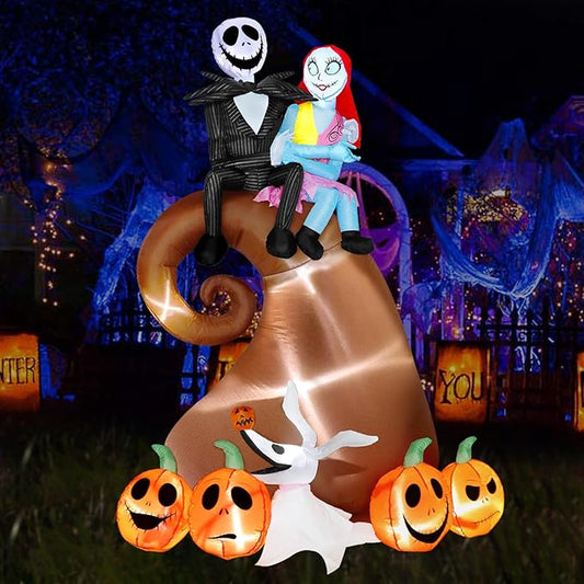 6 Ft Inflatable Halloween Outdoor Yard Decoration - Halloween Hill Skeleton Couple with Pumpkin Multi-Element Blow Up Decoration - Built-in LED Lights - for Yard Lawn Decorations