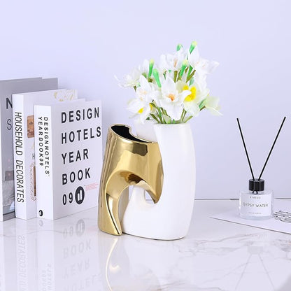 White and Gold Vase Set of 2, Nordic Modern Ins Style Vases, Boho Ceramic Vases for Centerpieces, Mid Century Abstract Donut Vase, Unique Funky Vase for Wedding, Decorative Pampas Grass Vase Decor