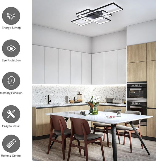 GEADI Modern Large Led Ceiling Light for Living Room,35.4" Black Dimmable Ceiling Lights for Bedroom with Remote Control,3 Rectangular Light Fixtures for Kitchen Dining Room Office, 3000-6500K