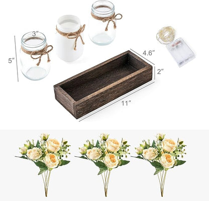 Mkono Mason Jar Lights Centerpiece Table Decor for Dining Room Farmhouse Wood Tray with 3 Jars Flowers Summer Decoration for Coffee Table Kitchen Living Room Wedding