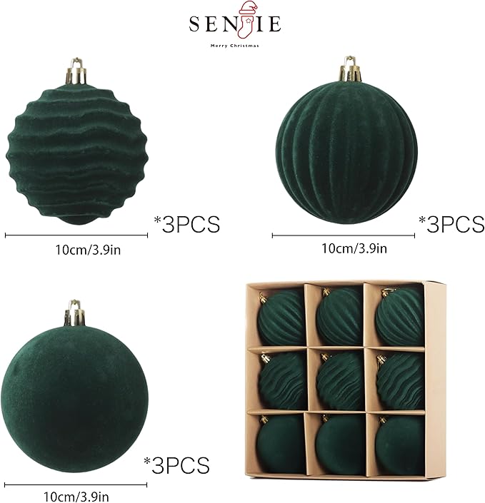 Senjie 9 PCS Velvet Ornaments for Christmas Tree 4inch Flocked Christmas Balls Assortment for Xmas Tree Holiday Decor Deep Green