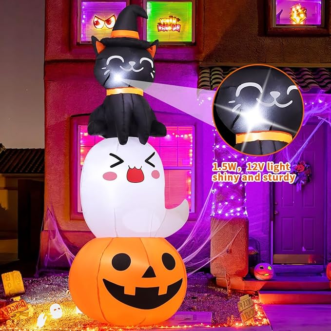 COMIN 6 FT Halloween Inflatables Pumpkin Ghost Cat Combo Outdoor Decorations Blow Up Yard with Built-in LEDs for Indoor Party Garden Lawn Decor