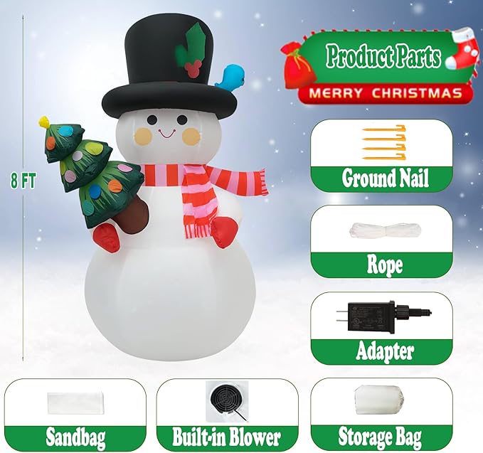8 FT Christmas Inflatables Snowman Yard Decoration, Blow Up Snowman with Christmas Tree Outdoor Decoration with Rotating LED Lights for Holiday Party Patio Garden Lawn Decor