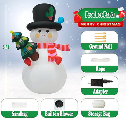 8 FT Christmas Inflatables Snowman Yard Decoration, Blow Up Snowman with Christmas Tree Outdoor Decoration with Rotating LED Lights for Holiday Party Patio Garden Lawn Decor