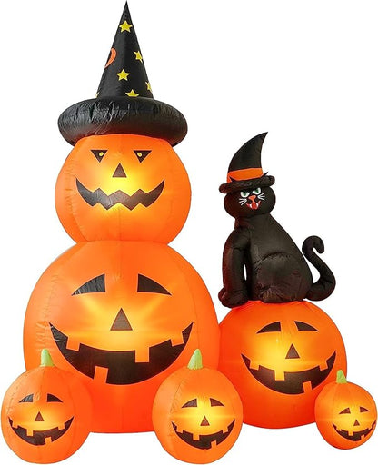 6 FT Halloween Inflatable Decorations Spooky Ghost Pumpkin Lighted and Witch's Cat, Halloween Decorations Outdoor Inflatables Pumpkin Combo with Build-in LED Blow Up Inflatables for Yard Garden