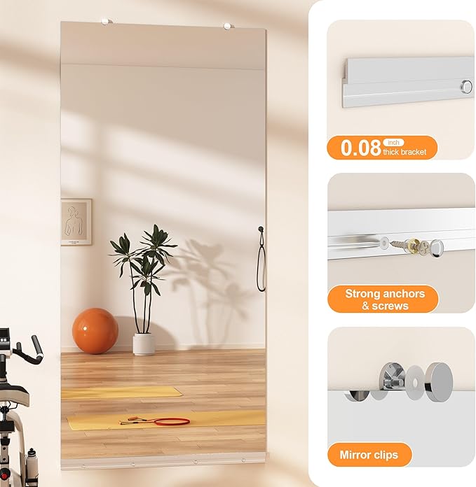 Hasipu Home Gym Mirror, 55"x21" Each, 3-Pack Frameless Wall Mounted Mirrors with Glass Clamps & Aluminum Rail, Large Body Mirror for Home Gym, Yoga Studio, Bedroom, Silver Tempered Glass
