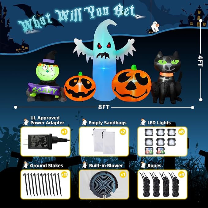 8FT Long Halloween Inflatable Outdoor Decorations Pumpkin Ghost and Black Cat Inflatable Yard Decoration with Build in LEDs Blow Up Ghost for Indoor Outdoor Party Lawn Yard Garden Decor