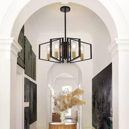 4-Light Black and Gold Chandelier, Lantern Geometric Ceiling Light Fixtures, Dining Room Light Fixtures Over Table, Modern Farmhouse Hanging Pendant Lights for Kitchen Island, Bedroom, Foyer, Entryway