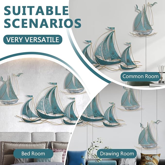 3 PCS Metal Wall Art Large Metal Sailboat Wall Decor, Metal Ship Wall Decorations, Large Metal Ship Wall Decor for Living Room, Bedroom, Modern Home Wall Sculpture for Office, Bedroom