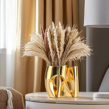 Ceramic Vases Set of 2 - Modern Vase for Nordic Minimalist Book Style Shelf Decor, Hollow Round Pampas Flower Vases for Boho Home Wedding Party Room Dinner Table Shelf Decor (Gold)