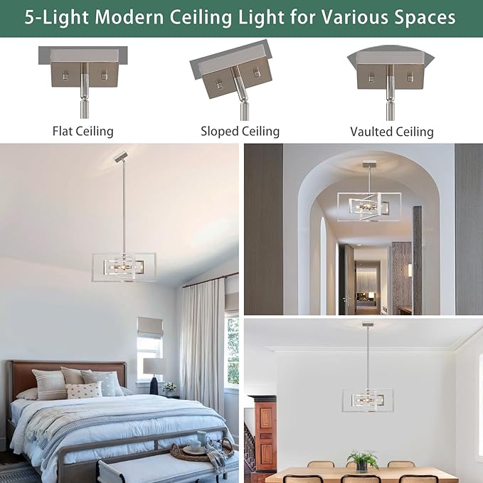 Industrial Chandelier, 5-Light Modern Geometric Ceiling Light Fixture, 22" Adjustable Height Pendant Lighting for Living Room Foyer Entryway Dining Room Brushed Nickel