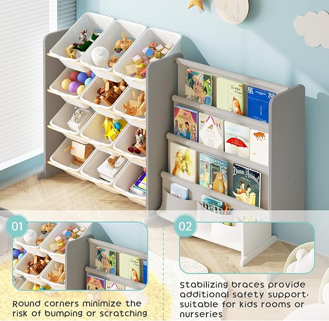 Kids Toy Storage Organizer - Toy Storage with Kids Bookshelf, Toy Organizer with 12 White Bins and 4 Book Shelves, Toy Organizers and Storage for Playroom, Nursery, Kids Room, Grey