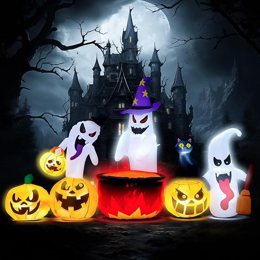 8Ft Long Halloween Inflatables Decoration Ghost and Pumpkin Family with Build-in RGB LED Lights, Halloween Blow Up Yard Decorations for Party Garden Lawn Indoor Outdoor Decor