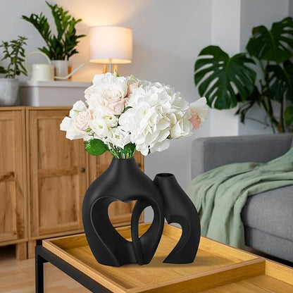 Black Vases for Decor, Heart Shaped Ceramic Vase Set of 2, Nordic Modern Boho ins Style Decorative Ceramic Aesthetic Flower Vase for Home Decor, Living Room Office House Decoration
