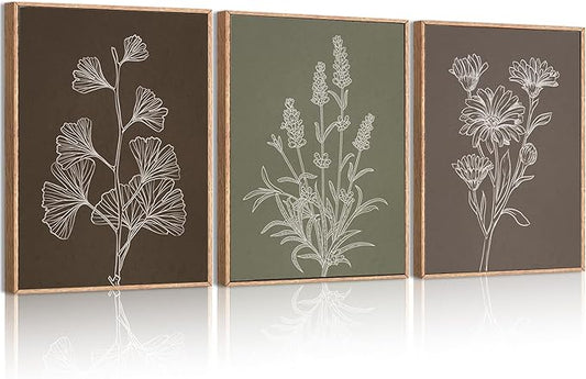 IARTTOP Framed Boho Botanical Picture Canvas Wall Art Vintage Floral Art Prints Minimalist Neutral Plant Wall Decor for Living room Bedroom Office-12 * 16 Inch Set of 3