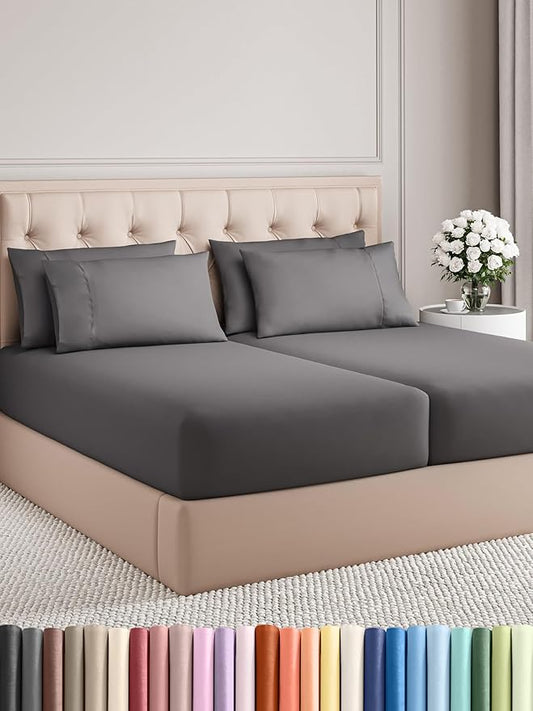 CGK Linens Split King 7 Piece Sheet Set - Cooling Sheets for Hot Sleepers - Hotel Luxury Bedding Set with 8-16 Inch Deep Pockets - 1 Flat & 2 Fitted & 4 Pillowcases - Soft & Wrinkle Free - Split King