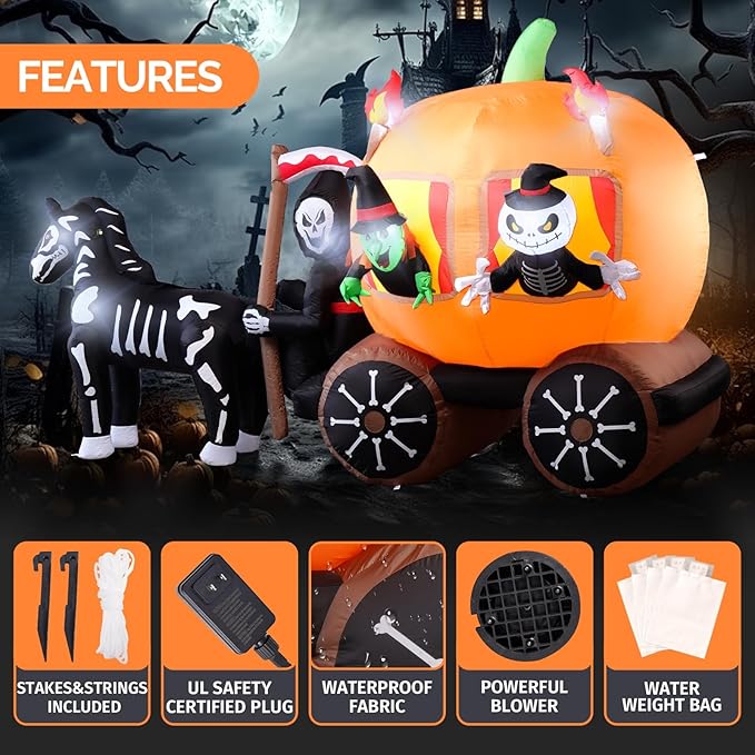 Amazingforless (4ft-12ft) Halloween LED Inflatable Decorations w/Blower Spooky Animated Blow Up (Frankenstein, Dragon, Ghost, Pumpkin, Skeleton Dog,Tree,Clown, Archway)