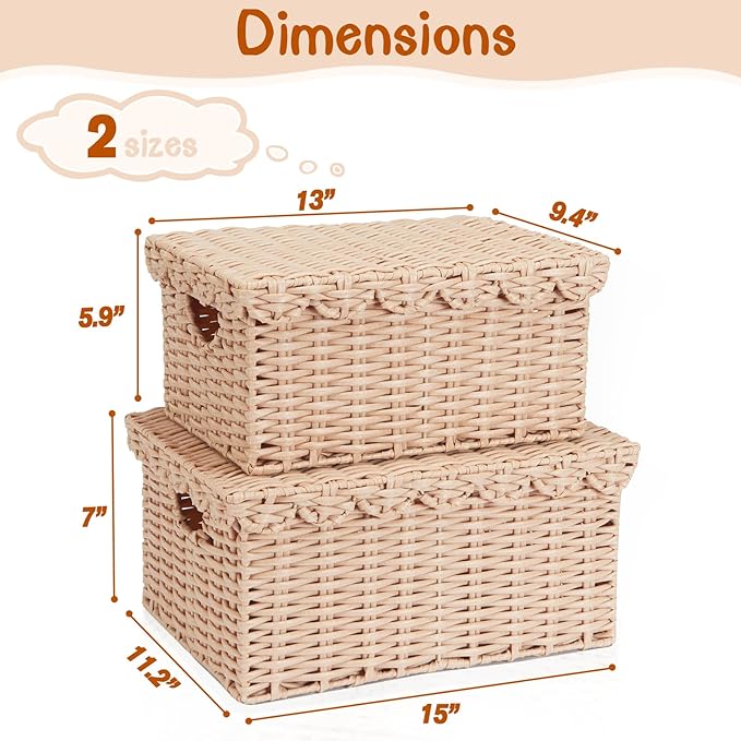 FairyHaus Scalloped Wicker Basket with Lid, Waterproof Wicker Storage Basket with Removable Tray Lid Cream, Handwoven Plactic Wicker Bakests for Nursery 2Pack, 15 x 11.22 x 7& 13 x 9.45 x 5.9