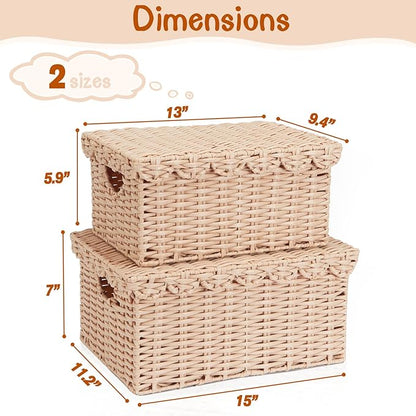 FairyHaus Scalloped Wicker Basket with Lid, Waterproof Wicker Storage Basket with Removable Tray Lid Cream, Handwoven Plactic Wicker Bakests for Nursery 2Pack, 15 x 11.22 x 7& 13 x 9.45 x 5.9