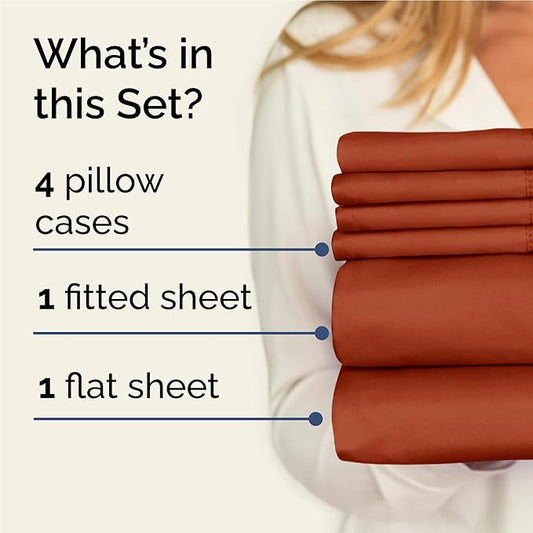 CGK Linens Full 6 Piece Sheet Set - Cooling Sheets for Hot Sleepers - Hotel Luxury Bedding Set w/ 8-16 Inch Deep Pockets - 1 Flat & 1 Fitted & 4 Pillowcases - Soft, Comfy & Wrinkle Free - Terracotta