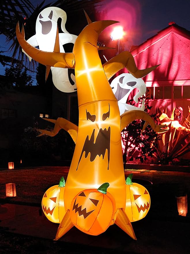 8 Feet Halloween Inflatable Dead Tree with Ghost Pumpkins Kalolary Blow up LED Light Dead Tree for Halloween Outdoor Indoor Holiday Decorations Yard Lawn Decor for Home Family Halloween Party