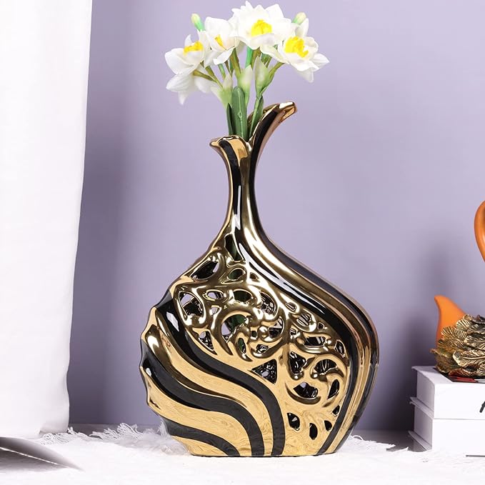 Black and Gold 15 inch Floor Standing Large vase with Unique skeletonized Large vase Pampas Grass Decoration for Living Room, Home Office Porch Shelves on Floor entryway Entrance Tabletop Decoration.