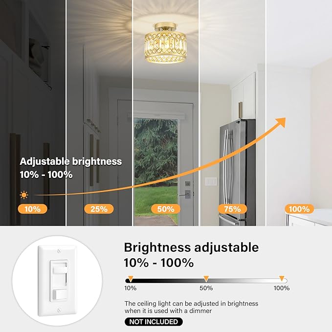 Crystal Ceiling Light Fixture, Modern Semi Flush Mount Ceiling Light, Gold Lighting Fixtures Ceiling Lamp for Hallway, Kitchen, Entryway, Bedroom, Laundry Room, 9.05 Inch