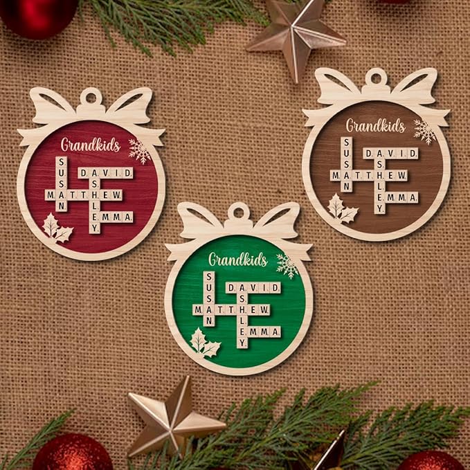 Personalized Wooden Crossword Art, Custom Grandkids Ornament, Custom Christmas Tree Ornament