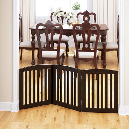PAWLAND Wooden Freestanding Foldable Pet Gate for Dogs, 24 inch 3 Panels Step Over Fence, Dog Gate for The House, Doorway, Stairs, Extra Wide (Espresso, 24" Height-3 Panels)