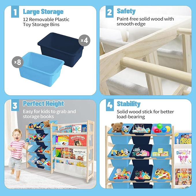 Toy Storage Organizer with Bookshelf - 12 Storage Bins 4-Tier Multipurpose Shelf to Organize Toys and Books for Kids Room, Playroom, Nursery Room, Blue