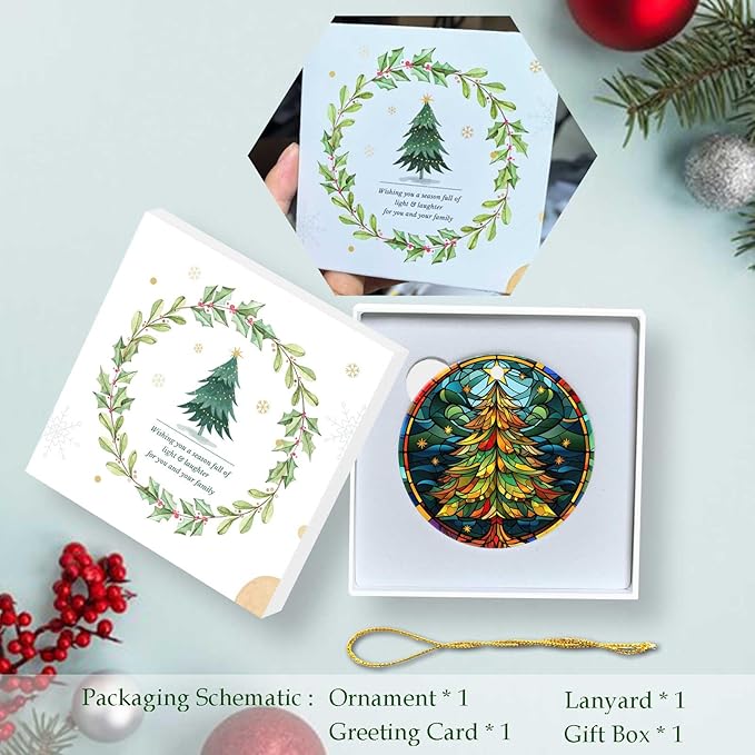 Christmas Tree Ornament Round Ceramic Stained Glass Style Ornament Star Xmas Keepsake for Christmas Tree Winter Holiday Xmas Gift for Women Men Xmas Hanging Ornament 3"