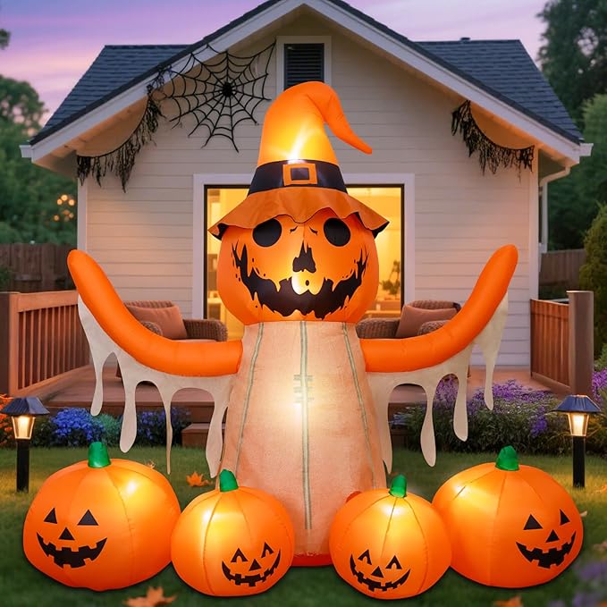 MGparty 8FT Halloween Inflatables Pumpkin Decorations with LED Built-in Pumpkin Scarecrow Halloween Yard Decoration Blow Up Inflatable for Outdoor Indoor Garden Lawn Holiday Party