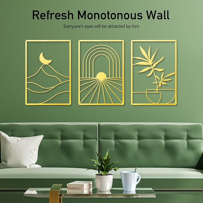 Sokurdeg Boho Metal Wall Art, Gold Minimalist Wall Decor, Bohemian Abstract Line Metal Art Wall Decor, Gold Boho Wall Art for Bedroom Bathroom Living Room (3 Pack, 12 x 17 in)