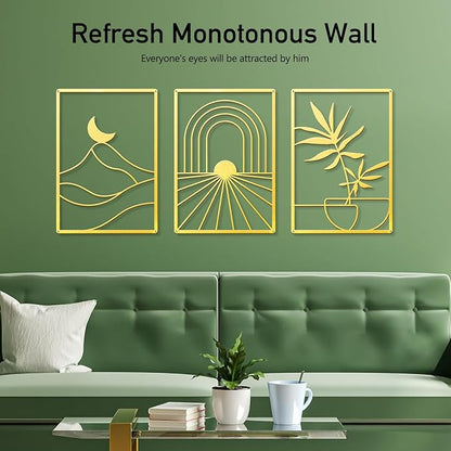 Sokurdeg Boho Metal Wall Art, Gold Minimalist Wall Decor, Bohemian Abstract Line Metal Art Wall Decor, Gold Boho Wall Art for Bedroom Bathroom Living Room (3 Pack, 12 x 17 in)