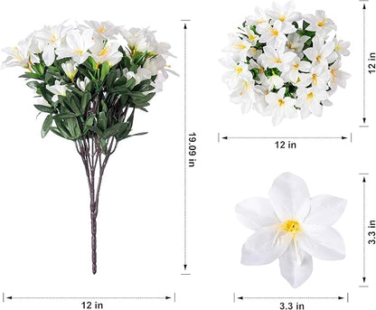 Artificial Flowers for Outdoors, 3 Bundles Fake Silk Azalea Bouquet Faux Flower Plants Outside Decoration UV Resistant Realistic Fake Flowers for Planter Front Door Patio Garden Walkways Home, White