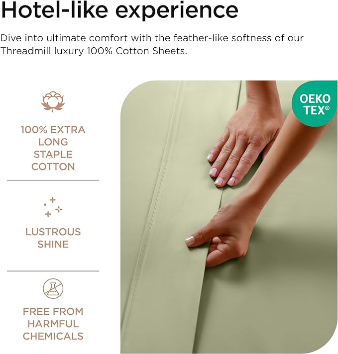 Threadmill Luxury 800 Thread Count Queen 100% Cotton Sheets - Sage Green Sateen Weave Bed-Sheets, Better Than Egyptian Cotton,4 Pc Solid Soft Bed Set, Fits 16" Deep Pocket