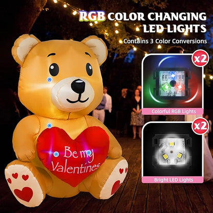 4FT Valentines Day Inflatable Bear Holds Love Heart, Valentines Day Decor Built-in RGB LED Lights, Valentines Gift Blow Up Yard Decoration for Party Anniversary Wedding Propose Garden Lawn